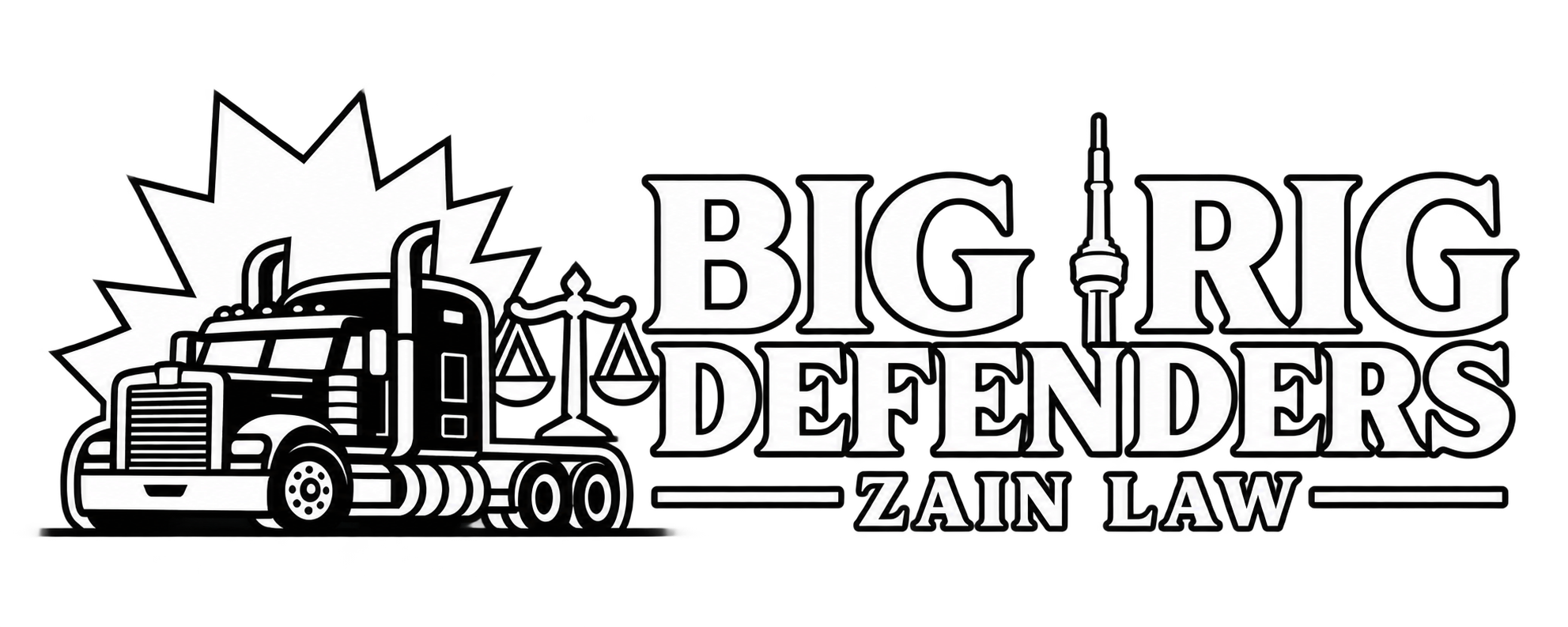 Big Rig Defenders — Zain Law, featuring a truck, scales of justice and Ontario maple leaf